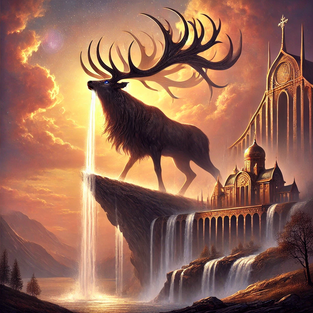 Artistic depiction of Eikþyrnir from Norse Mythology