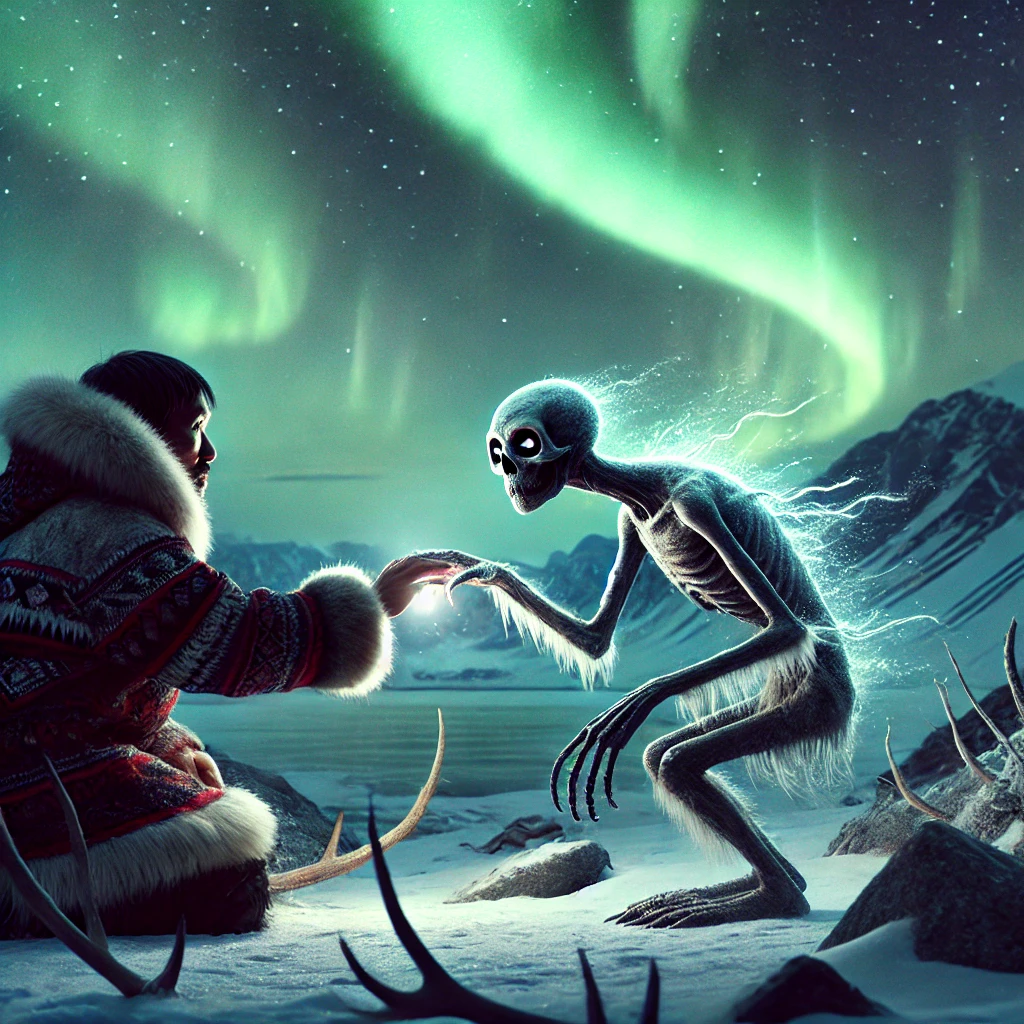 Artistic depiction of Hunter and the Tupilak from Inuit Folklore Artistic depiction of Hunter and the Tupilak from Inuit Folklore