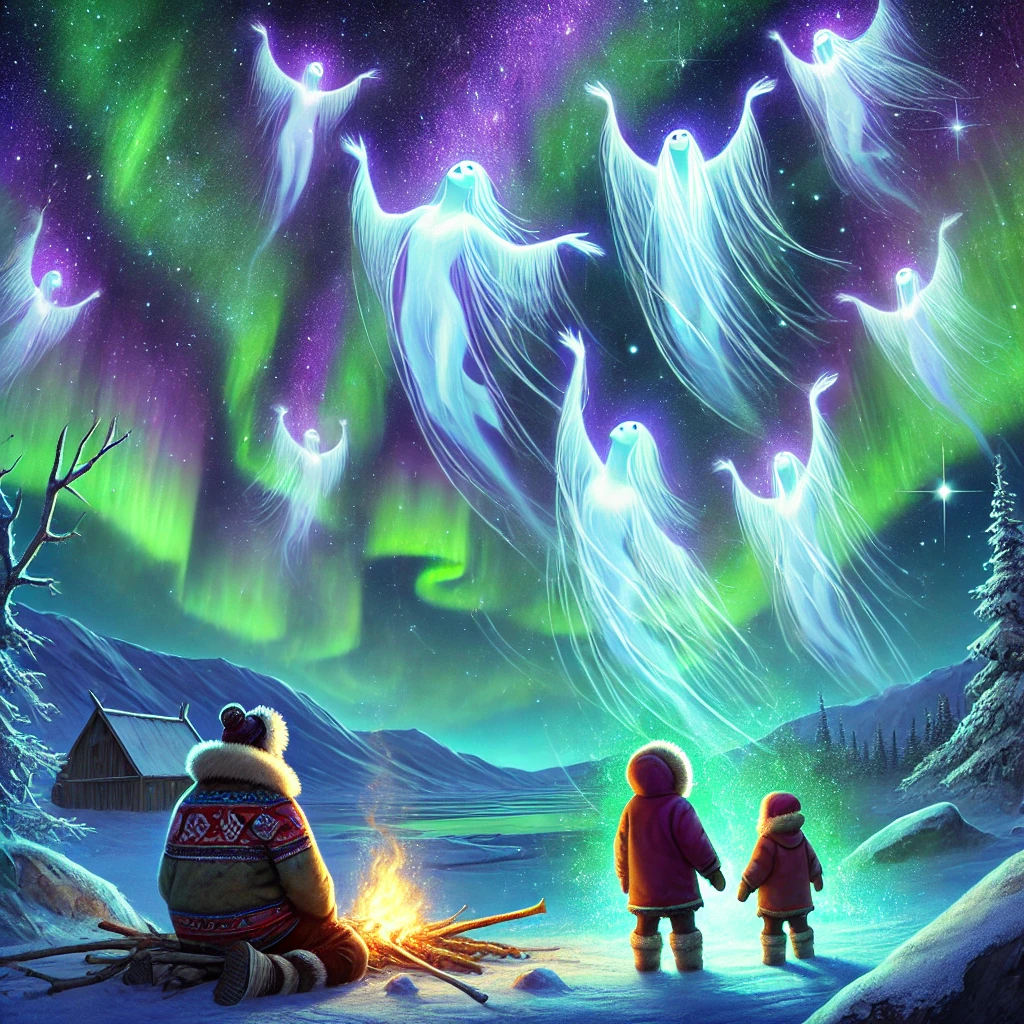 Artistic depiction of Origin of the Aurora Borealis from Inuit Folklore Artistic depiction of Origin of the Aurora Borealis from Inuit Folklore