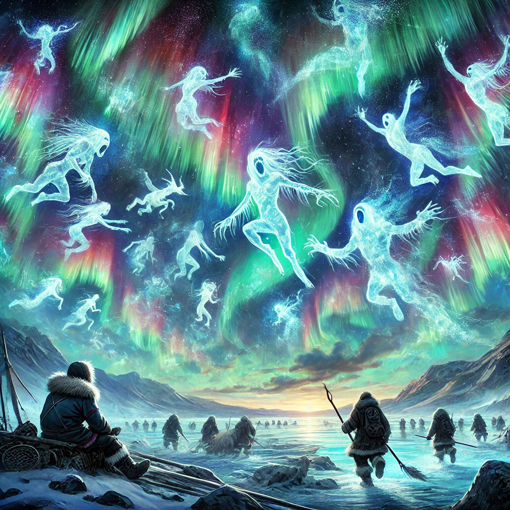 Origin of the Aurora Borealis - Inuit Folklore illustration Origin of the Aurora Borealis - Inuit Folklore illustration