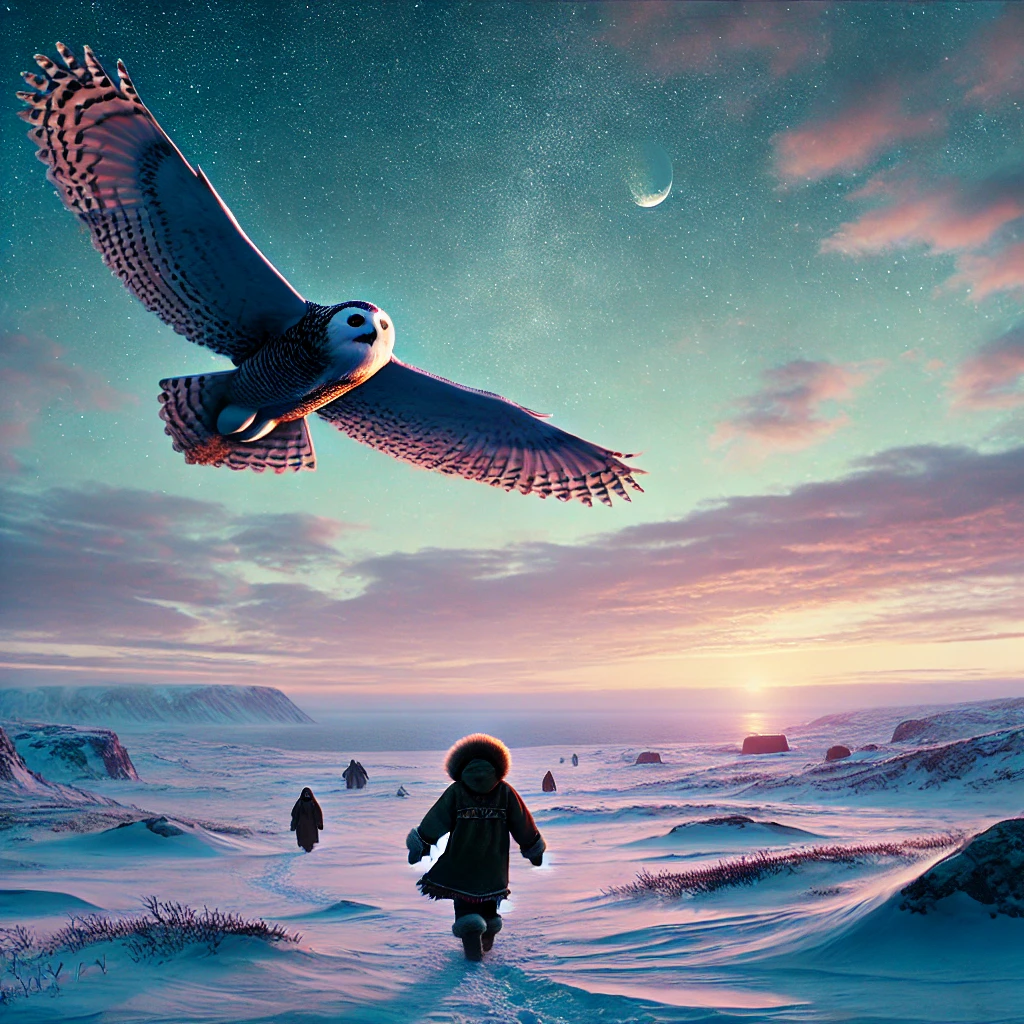 Artistic depiction of Orphan and the Owl from Inuit Folklore
