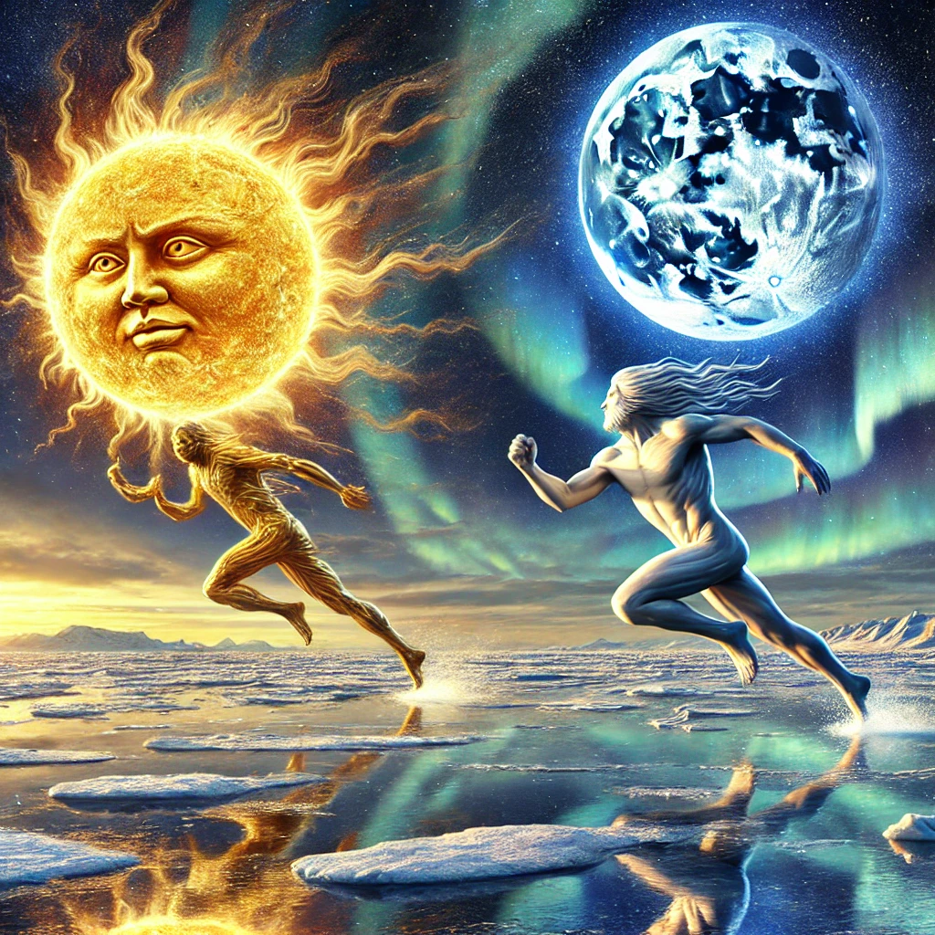 Sun and Moon Chase - Inuit Folklore illustration Sun and Moon Chase - Inuit Folklore illustration